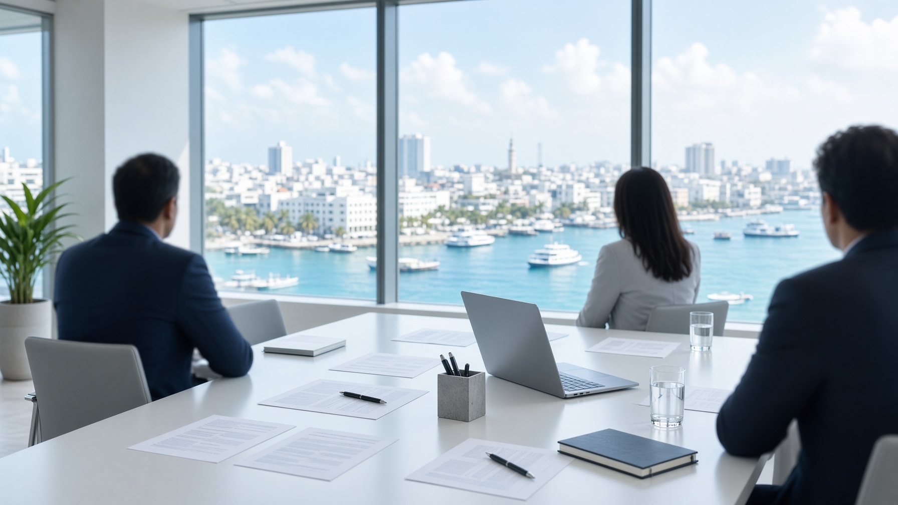 A professional meeting overlooking Malé harbour